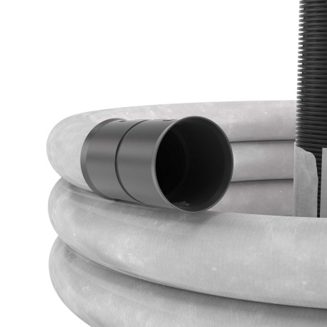 141920A | Двустенная труба ПНД гибкая дренажная д.200мм с геофильтром, SN6, перфорация 360 град., в бухте 35м, цвет черный